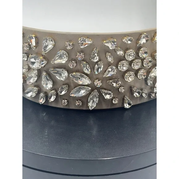 J. Crew Beige Leather Floral Rhinestone Statement Cuff Bracelet - Picture 10 of 11